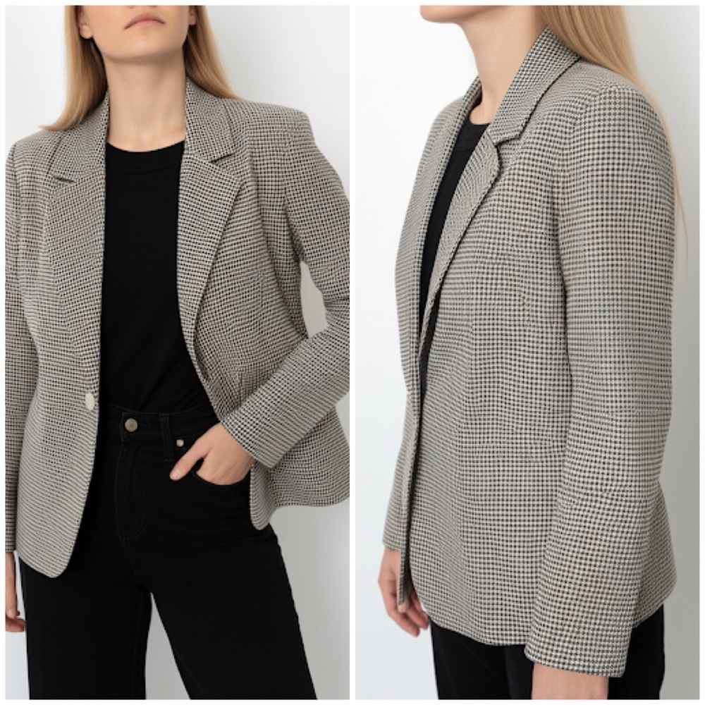 Max Studio Contemporary Neutral Minimal Plaid‎ Flattering Fit Stretch Blazer